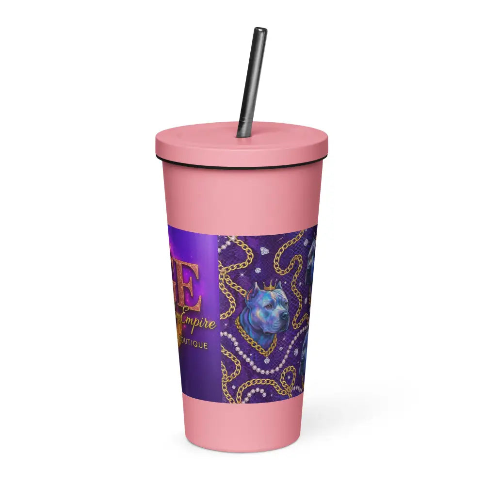 rosafarbener Thermobecher mit Strohhalm und violett-goldenem Design, 600 ml Thermobecher mit Strohhalm aus Edelstahl, stylischer CGE Royal Glow Cup