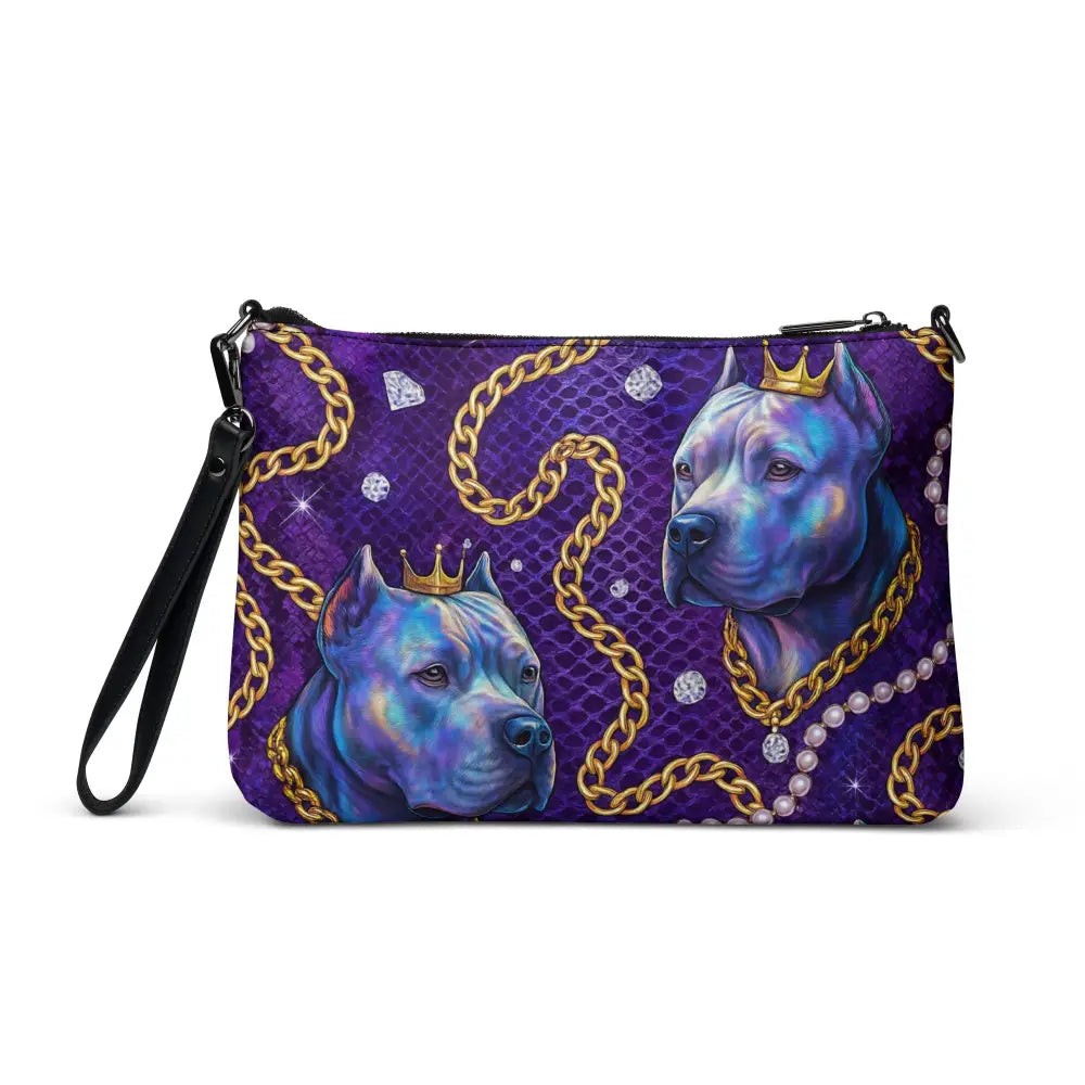 Umhängetasche aus Kunstleder mit königlichem Hundemotiv, goldenen Ketten und verstellbarem Riemen