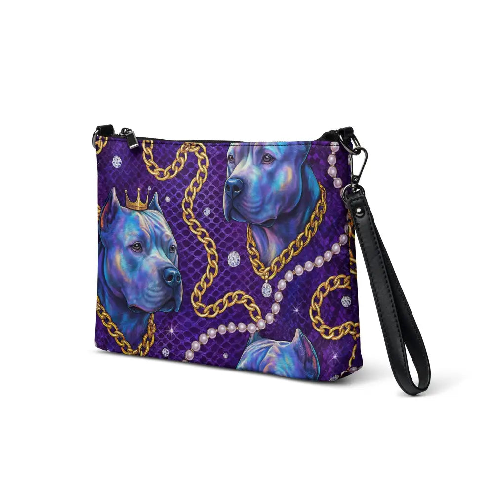 Umhängetasche mit buntem Hundemotiv und verstellbarem Lederriemen, kompakt und stilvoll.