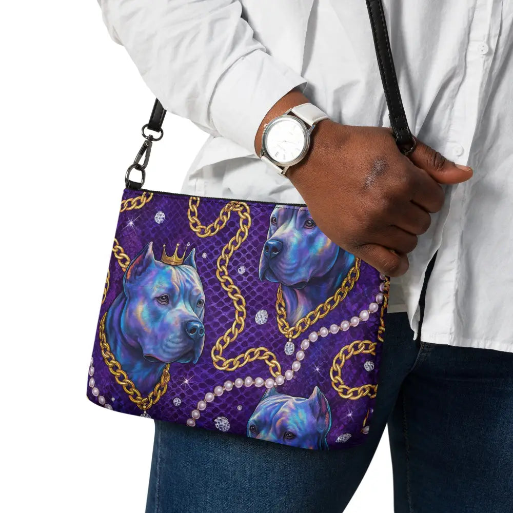 Umhängetasche aus Kunstleder mit Hundemotiv, verstellbarem Schulterriemen und Reißverschluss, dunkelgraue Beschläge