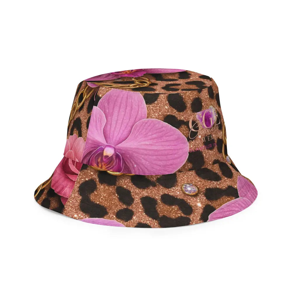 Wendbarer Fischerhut mit Allover-Druck in Leopardenmuster und pinken Orchideen aus atmungsaktivem Polyester