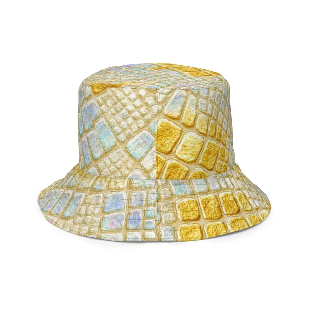 Wendbarer Fischerhut mit goldfarbenem Schlangenleder-Allover-Druck, beidseitig tragbar, aus atmungsaktiver Baumwollmischung