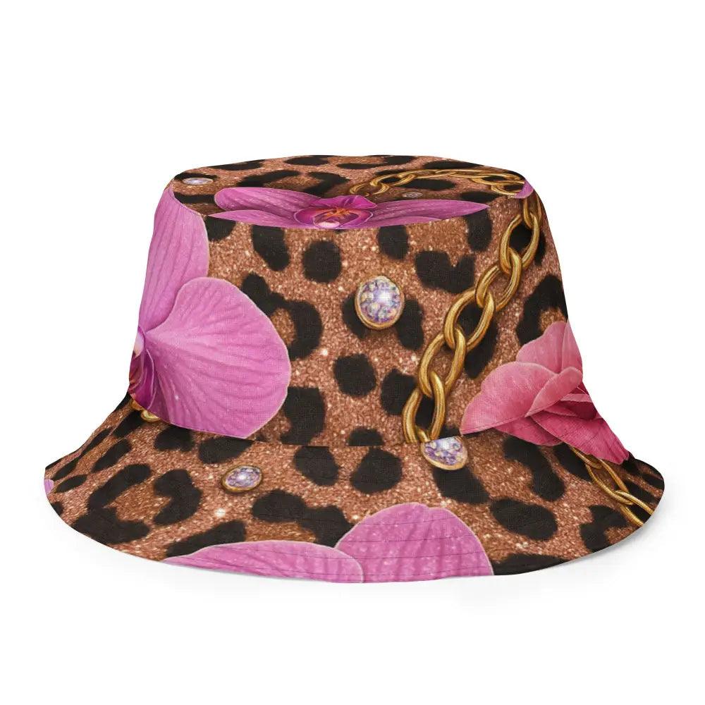 Wendbarer Fischerhut mit Allover-Druck in Leopardmuster und pinken Blumen, atmungsaktiv und aus Polyester