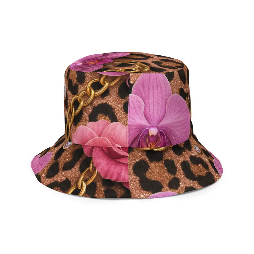 Fischerhut mit Allover-Druck in Leo-Muster und pinken Blumen, wendbarer Premium-Stoff, Streetwear-Accessoire