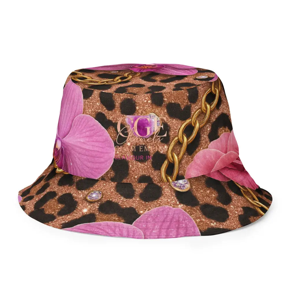 Wendbarer Fischerhut mit Allover-Druck in Leopardenmuster, pinken Blumen und goldenen Ketten aus atmungsaktivem Polyester