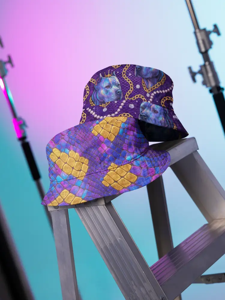 Wendbarer Fischerhut mit Allover-Druck in Holo-Violett und Gold mit Snakeprint und Kettenmotiven