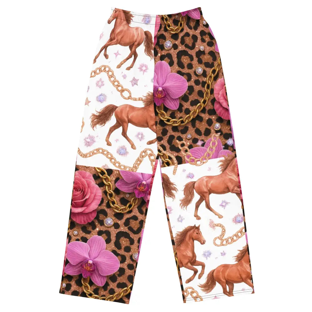 Wild Glam Wide Leg Pants with horse, chain, orchid, and leopard print design.